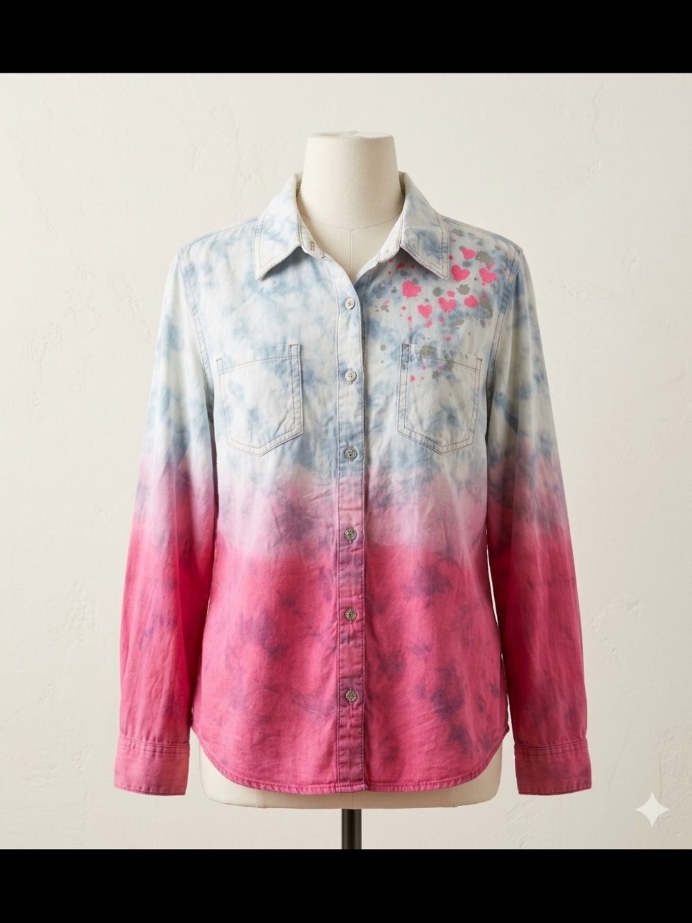 Justice Pink and Light Blue Tie-Dye Button-Down Shirt with Heart Accents
